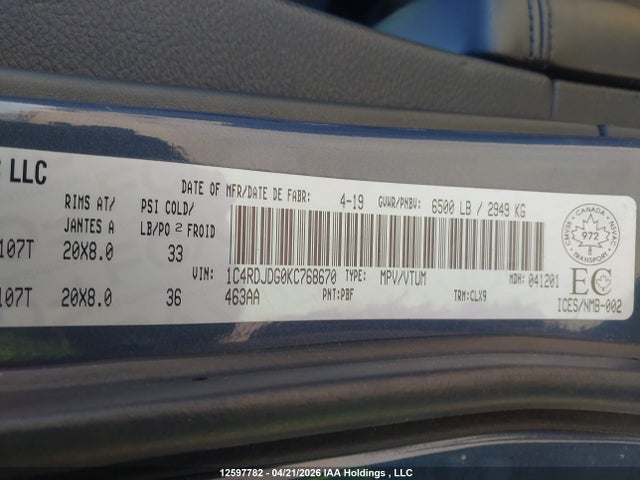 Dodge DURANGO GT 2019 1C4RDJDG0KC768670 Image 9