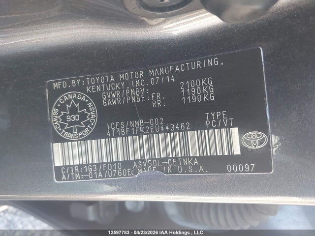 2014 Toyota Camry L/se/le/xle მანქანა იყიდება აუქციონზე, vin: 4T1BF1FK2EU443462, აუქციონის ნომერი: 12597783