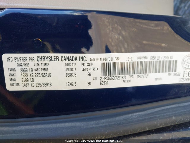 12597785 :رقم المزاد ، 2C4RDGBG6CR221871 vin ، 2012 Dodge Grand Caravan Se/sxt مزاد بيع