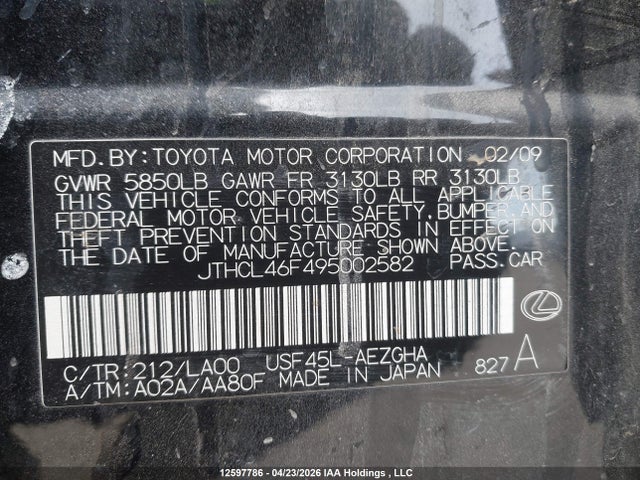 Aukcja sprzedaży 2009 Lexus Ls 460, vin: JTHCL46F495002582, numer aukcji: 12597786