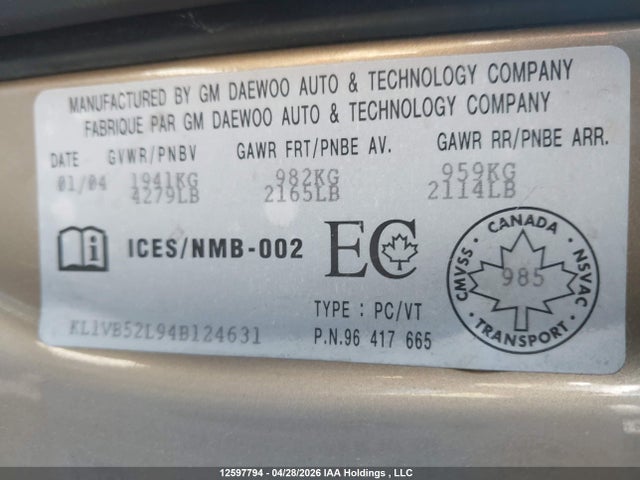 12597794 :رقم المزاد ، KL1VB52L94B124631 vin ، 2004 Chevrolet Epica Ls مزاد بيع