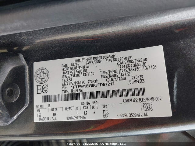 1FTFW1EG6GFD57212 Ford F-150 Lariat