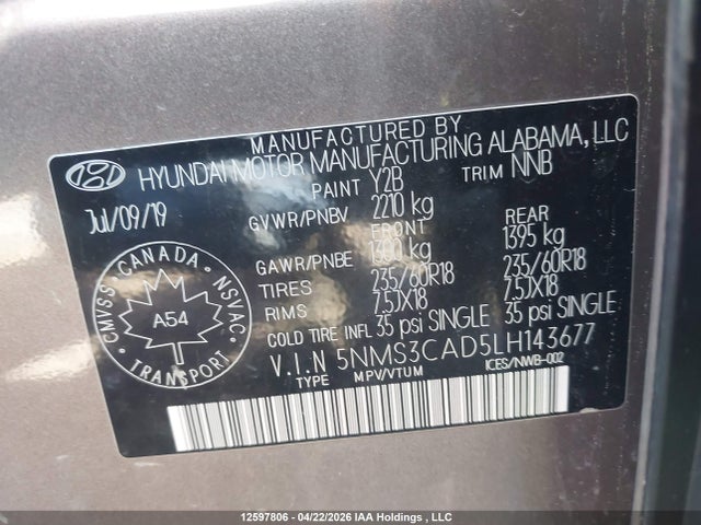 5NMS3CAD5LH143677 Hyundai Santa Fe Preferred Awd