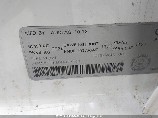 Aukcja sprzedaży 2013 Audi A4 2.0t, vin: WAUBFCFL6DN027431, numer aukcji: 12597814