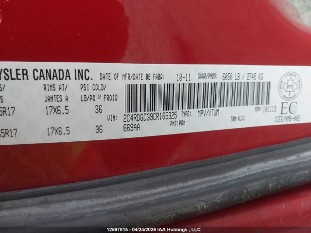 12597815 :رقم المزاد ، 2C4RDGDG9CR165325 vin ، 2012 Dodge Grand Caravan Crew مزاد بيع