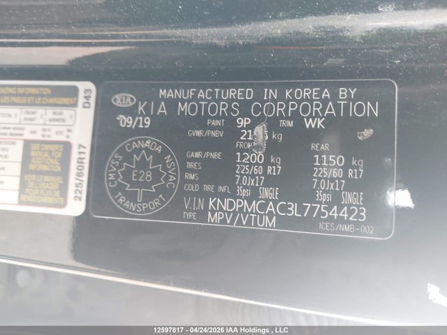 2020 Kia Sportage Lx/lx Anniversary/lx S მანქანა იყიდება აუქციონზე, vin: KNDPMCAC3L7754423, აუქციონის ნომერი: 12597817