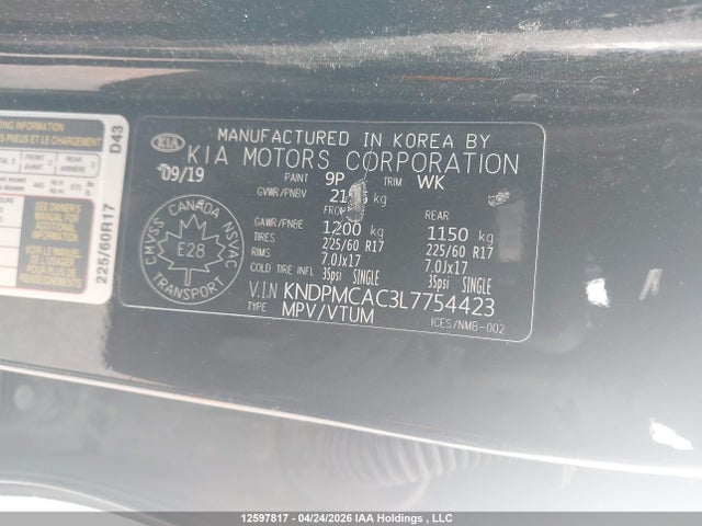 2020 Kia Sportage Lx/lx Anniversary/lx S მანქანა იყიდება აუქციონზე, vin: KNDPMCAC3L7754423, აუქციონის ნომერი: 12597817