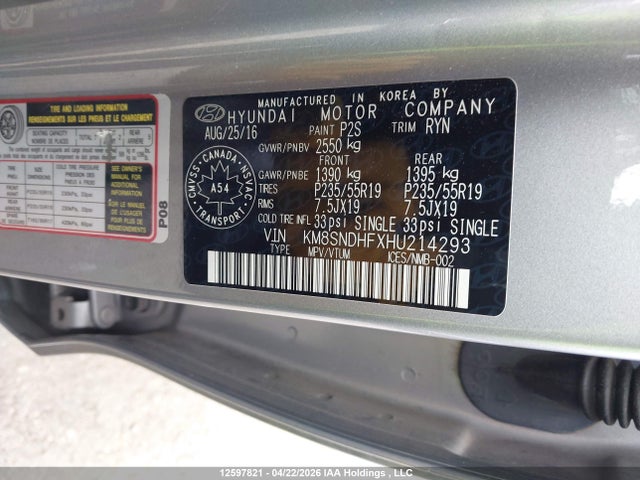 KM8SNDHFXHU214293 Hyundai Santa Fe Xl Limited