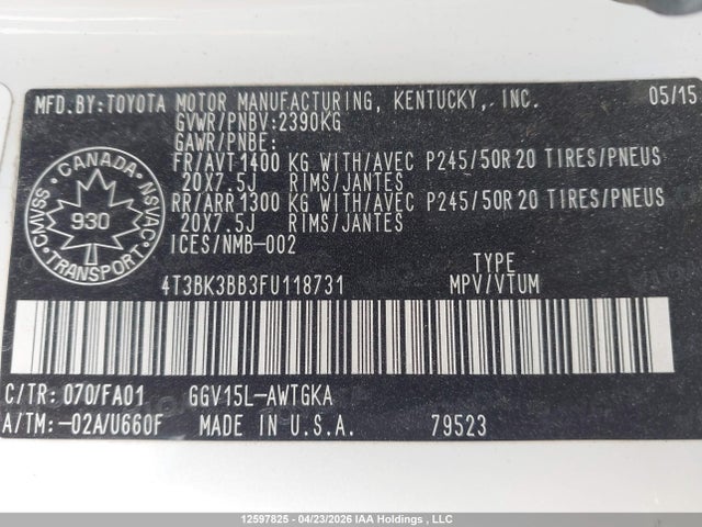 2015 Toyota Venza Le/xle/limited მანქანა იყიდება აუქციონზე, vin: 4T3BK3BB3FU118731, აუქციონის ნომერი: 12597825