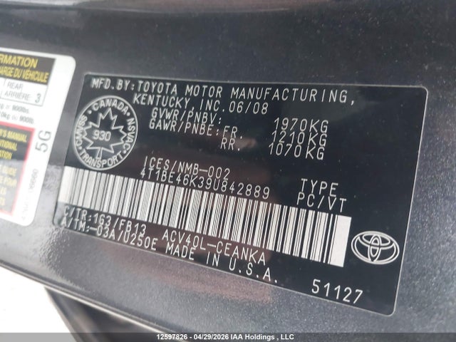 2009 Toyota Camry Se/le/xle მანქანა იყიდება აუქციონზე, vin: 4T1BE46K39U842889, აუქციონის ნომერი: 12597826