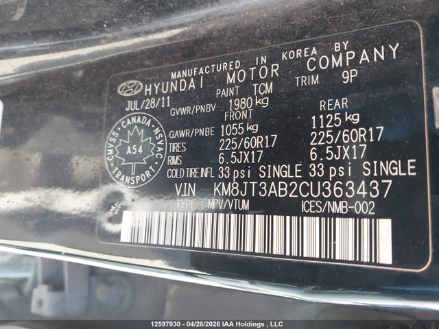 12597830 :رقم المزاد ، KM8JT3AB2CU363437 vin ، 2012 Hyundai Tucson Gl مزاد بيع