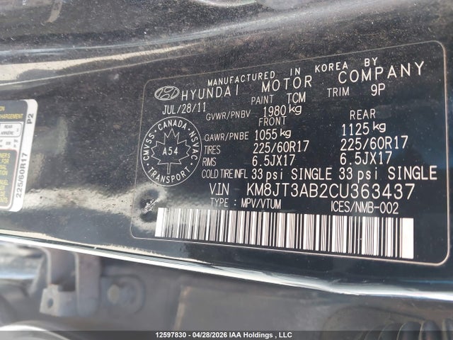 12597830 :رقم المزاد ، KM8JT3AB2CU363437 vin ، 2012 Hyundai Tucson Gl مزاد بيع