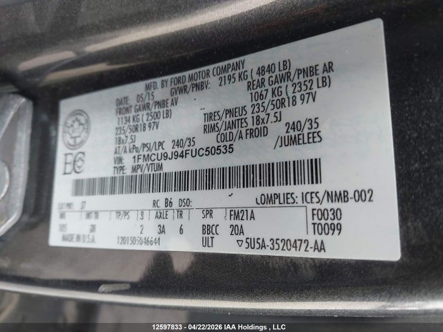 2015 Ford Escape Titanium მანქანა იყიდება აუქციონზე, vin: 1FMCU9J94FUC50535, აუქციონის ნომერი: 12597833