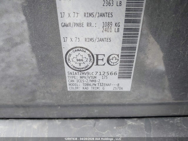 5N1AT2MV9LC712566 Nissan Rogue S/sl/sv
