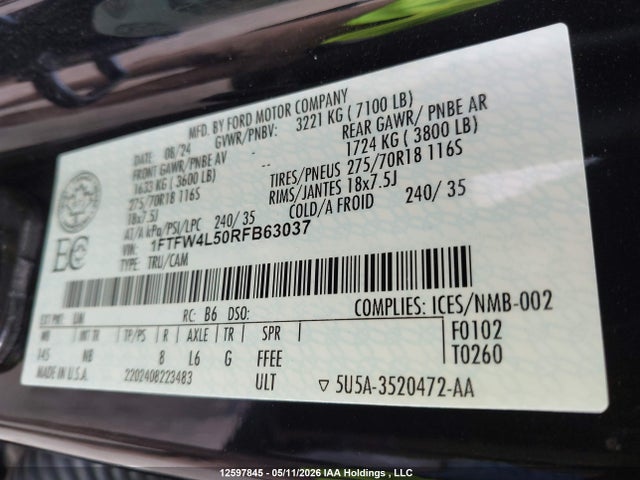 2024 Ford F150 მანქანა იყიდება აუქციონზე, vin: 1FTFW4L50RFB63037, აუქციონის ნომერი: 12597845