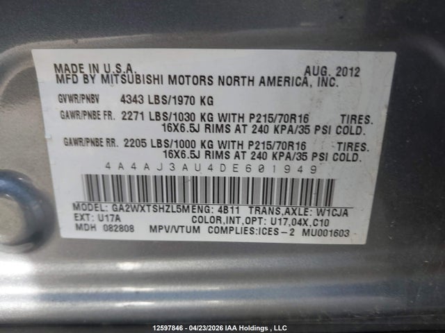 12597846 :رقم المزاد ، 4A4AJ3AU4DE601949 vin ، 2013 Mitsubishi Rvr Se مزاد بيع