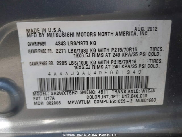 12597846 :رقم المزاد ، 4A4AJ3AU4DE601949 vin ، 2013 Mitsubishi Rvr Se مزاد بيع