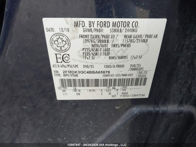Продажа на аукционе авто 2011 Ford Edge Se, vin: 2FMDK3GC4BBA65878, номер лота: 12597847