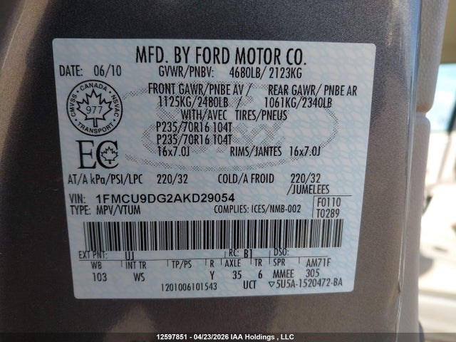 2010 Ford Escape Xlt მანქანა იყიდება აუქციონზე, vin: 1FMCU9DG2AKD29054, აუქციონის ნომერი: 12597851