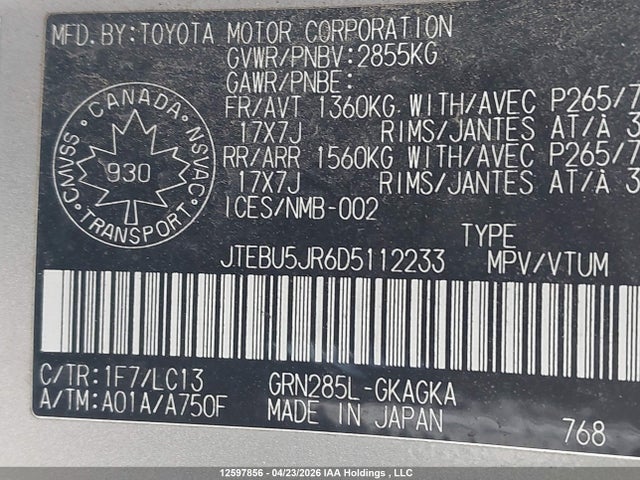 Продажа на аукционе авто 2013 Toyota 4runner Sr5 V6, vin: JTEBU5JR6D5112233, номер лота: 12597856