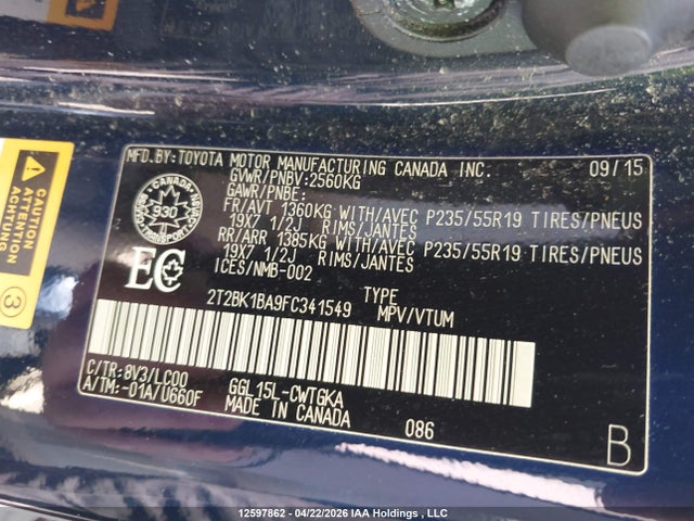 12597862 :رقم المزاد ، 2T2BK1BA9FC341549 vin ، 2015 Lexus Rx 350 Sportdesign مزاد بيع
