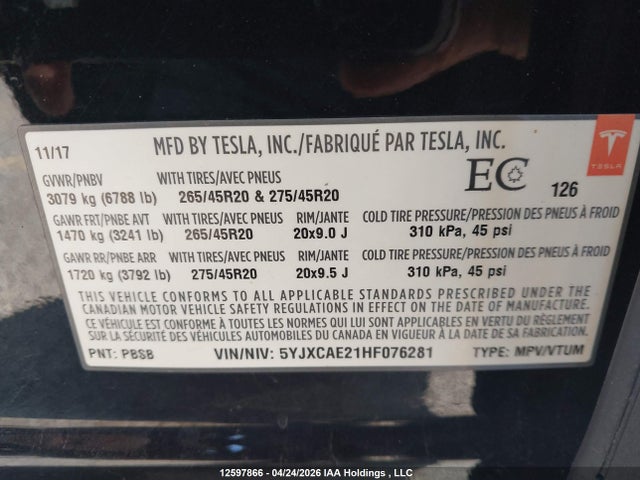 Aukcja sprzedaży 2017 Tesla Model X, vin: 5YJXCAE21HF076281, numer aukcji: 12597866