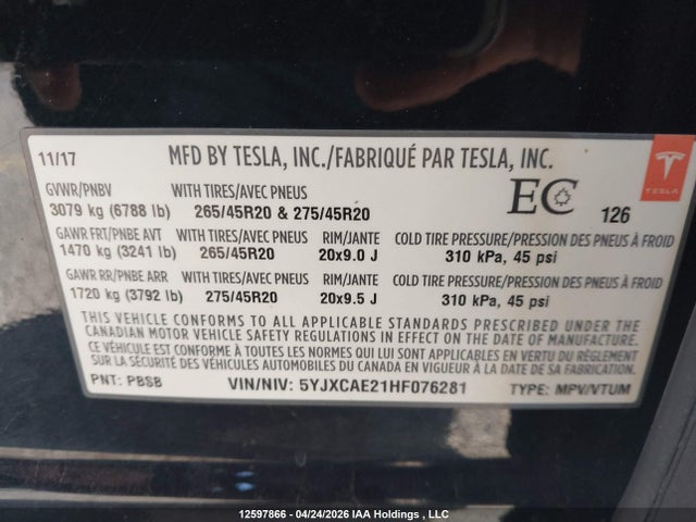 Aukcja sprzedaży 2017 Tesla Model X, vin: 5YJXCAE21HF076281, numer aukcji: 12597866