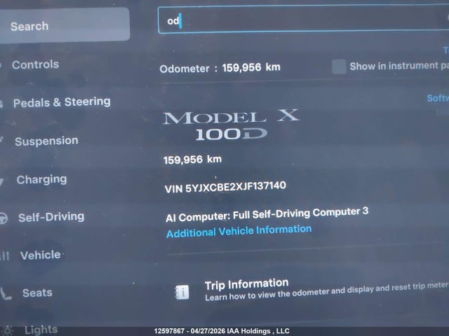 12597867 :رقم المزاد ، 5YJXCBE2XJF137140 vin ، 2018 Tesla Model X مزاد بيع