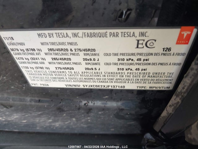 12597867 :رقم المزاد ، 5YJXCBE2XJF137140 vin ، 2018 Tesla Model X مزاد بيع