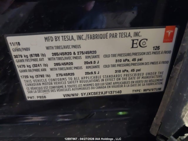 12597867 :رقم المزاد ، 5YJXCBE2XJF137140 vin ، 2018 Tesla Model X مزاد بيع