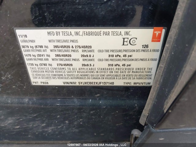 12597867 :رقم المزاد ، 5YJXCBE2XJF137140 vin ، 2018 Tesla Model X مزاد بيع