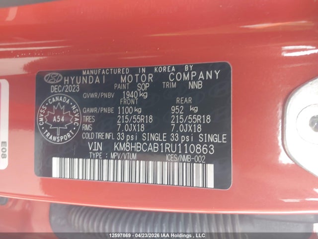 12597869 :رقم المزاد ، KM8HBCAB1RU110863 vin ، 2024 Hyundai Kona 2.0l Preferred مزاد بيع