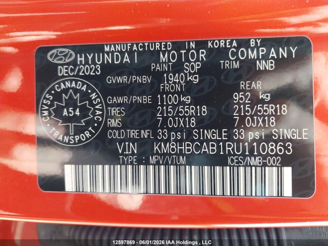 12597869 :رقم المزاد ، KM8HBCAB1RU110863 vin ، 2024 Hyundai Kona 2.0l Preferred مزاد بيع