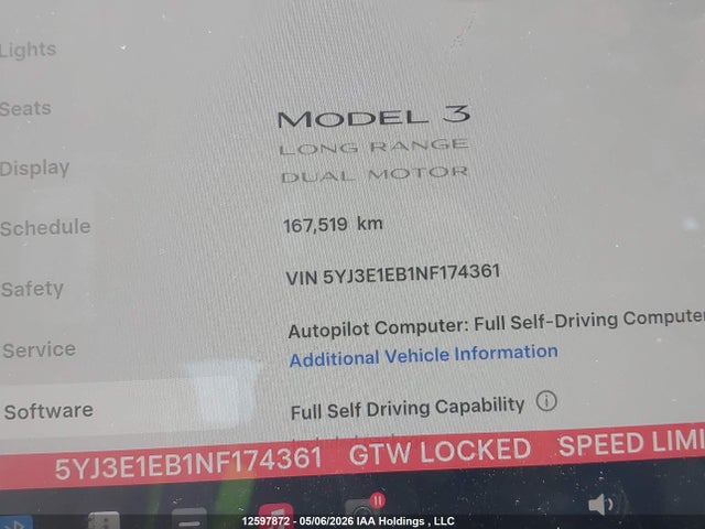 5YJ3E1EB1NF174361 Tesla Model 3 Long Range