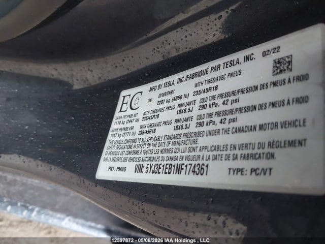5YJ3E1EB1NF174361 Tesla Model 3 Long Range