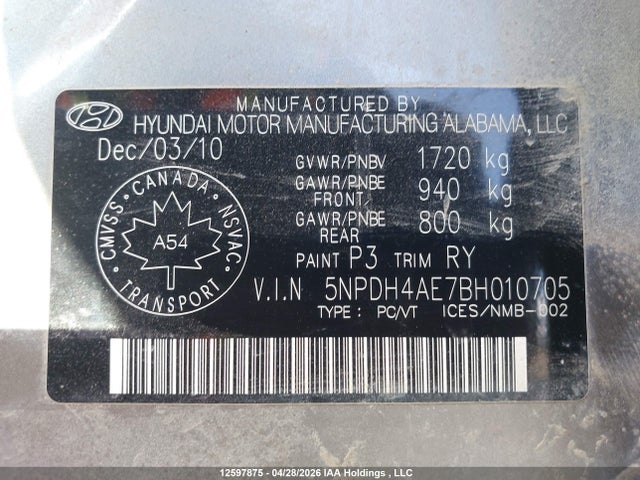 2011 Hyundai Elantra Gls/limited მანქანა იყიდება აუქციონზე, vin: 5NPDH4AE7BH010705, აუქციონის ნომერი: 12597875