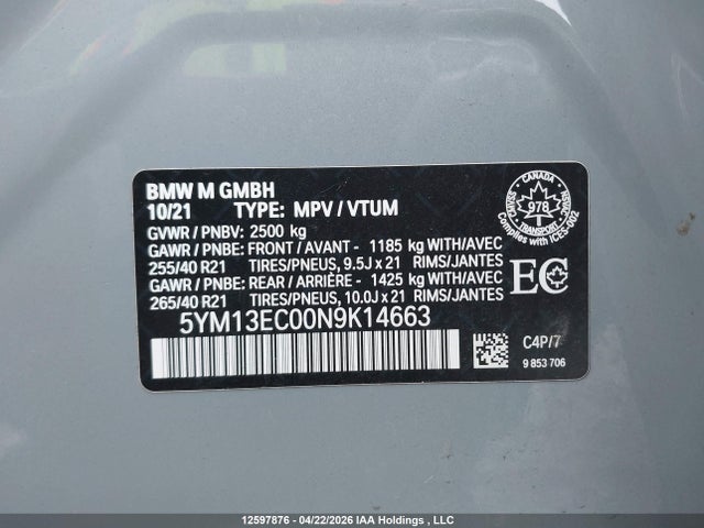 Aukcja sprzedaży 2022 Bmw X3 M, vin: 5YM13EC00N9K14663, numer aukcji: 12597876