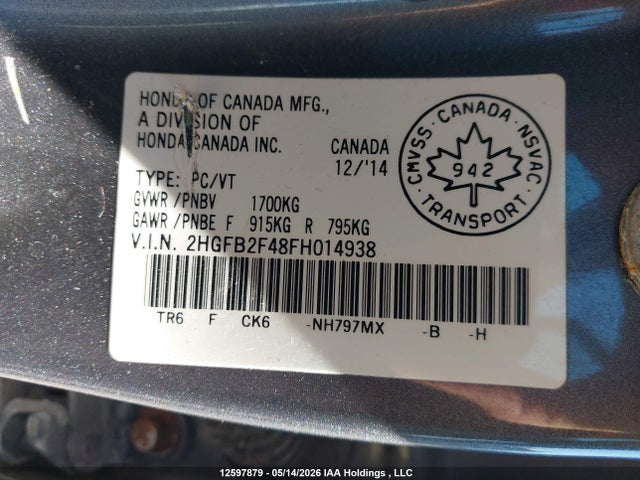 12597879 :رقم المزاد ، 2HGFB2F48FH014938 vin ، 2015 Honda Civic Lx مزاد بيع