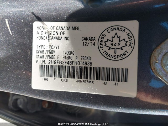 12597879 :رقم المزاد ، 2HGFB2F48FH014938 vin ، 2015 Honda Civic Lx مزاد بيع