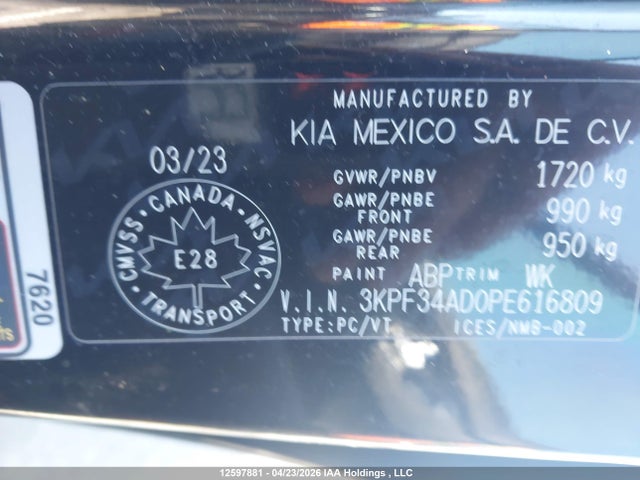 2023 Kia Forte მანქანა იყიდება აუქციონზე, vin: 3KPF34AD0PE616809, აუქციონის ნომერი: 12597881