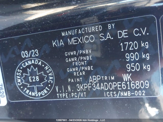 2023 Kia Forte მანქანა იყიდება აუქციონზე, vin: 3KPF34AD0PE616809, აუქციონის ნომერი: 12597881