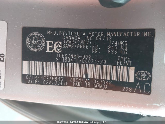 Продажа на аукционе авто 2013 Toyota Corolla Ce, vin: 2T1BU4EE7DC071779, номер лота: 12597885