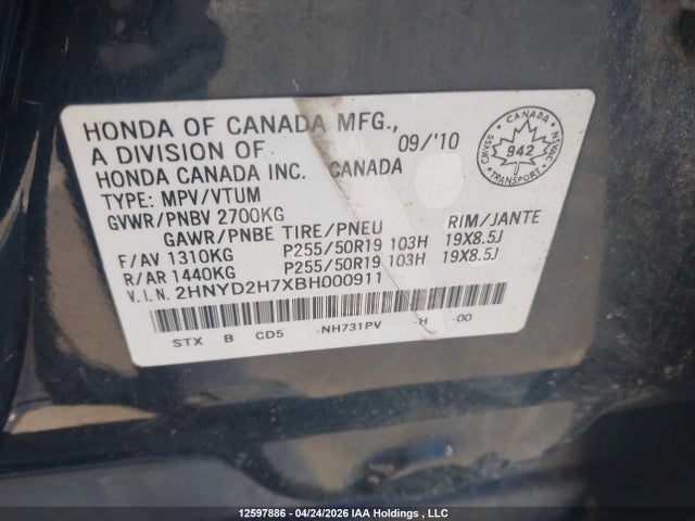 Aukcja sprzedaży 2011 Acura Mdx, vin: 2HNYD2H7XBH000911, numer aukcji: 12597886