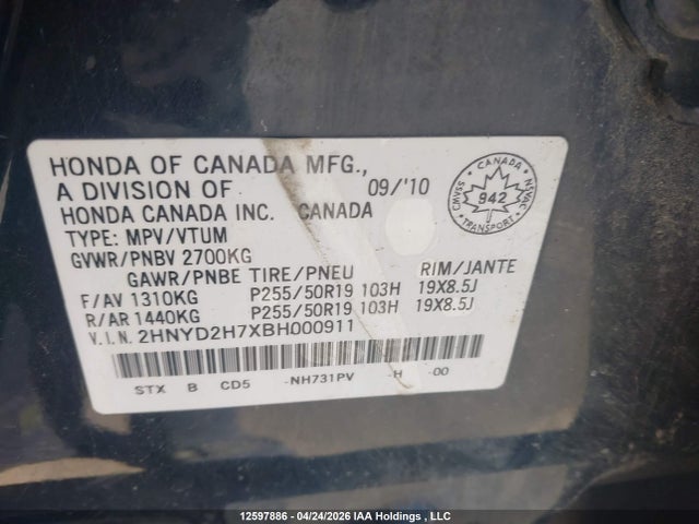 Aukcja sprzedaży 2011 Acura Mdx, vin: 2HNYD2H7XBH000911, numer aukcji: 12597886
