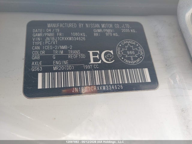 JN1BJ1CRXKW334626 Nissan Qashqai S/sl/sv