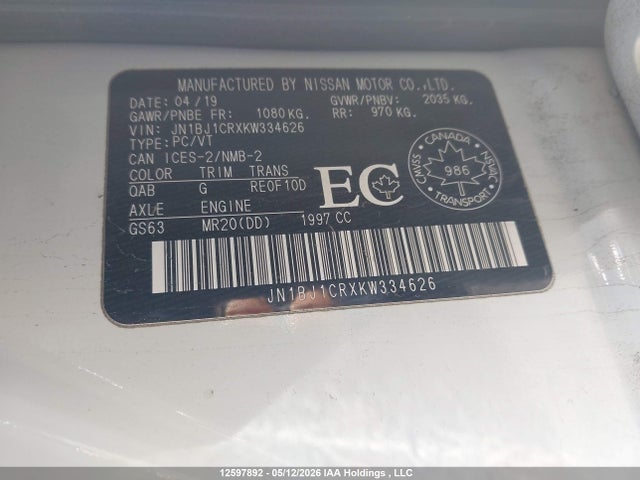 JN1BJ1CRXKW334626 Nissan Qashqai S/sl/sv
