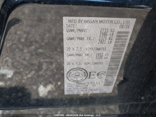 Продаж на аукціоні авто 2016 Infiniti Qx60, vin: 5N1AL0MM6GC532317, номер лоту: 12597893