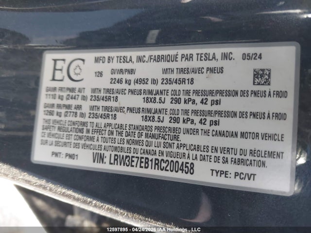 12597895 :رقم المزاد ، LRW3E7EB1RC200458 vin ، 2024 Tesla Model 3 Long Range مزاد بيع