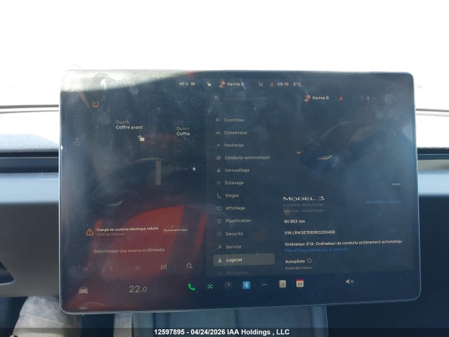 12597895 :رقم المزاد ، LRW3E7EB1RC200458 vin ، 2024 Tesla Model 3 Long Range مزاد بيع