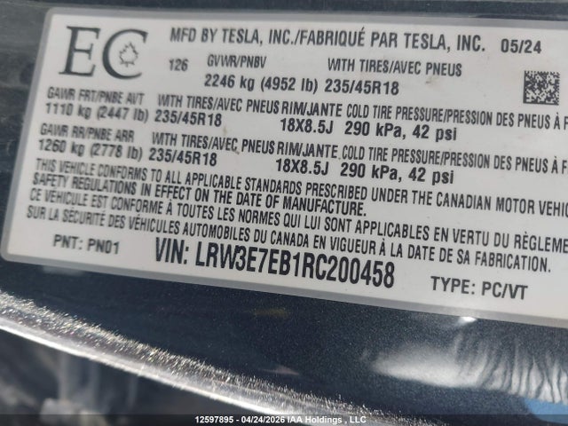 12597895 :رقم المزاد ، LRW3E7EB1RC200458 vin ، 2024 Tesla Model 3 Long Range مزاد بيع